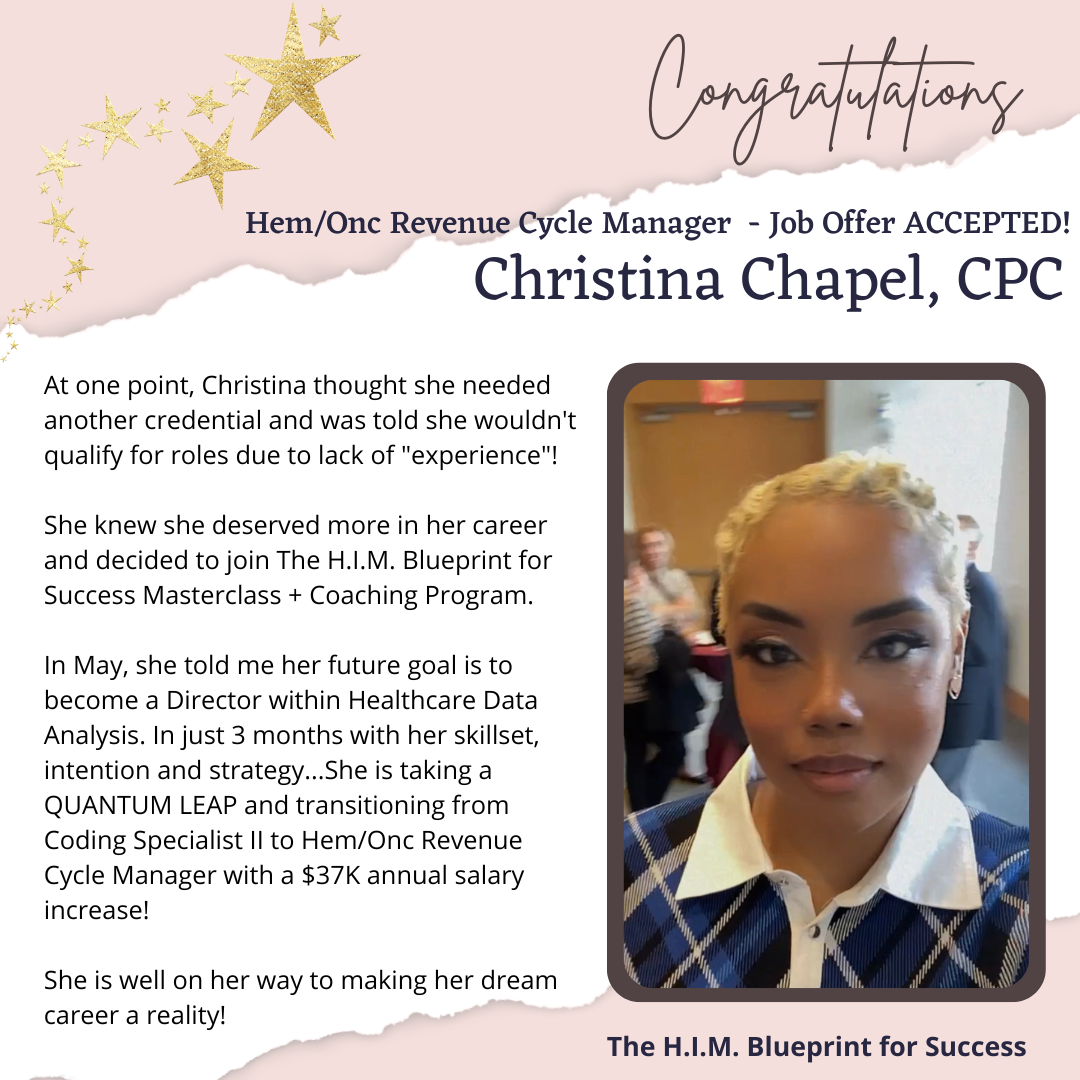 Christina Chapel, CPC — from Coding Specialist II to Hem/Onc Revenue Cycle Manager, $37K salary increase