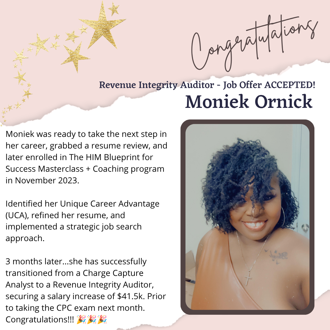 Moniek's career win — Charge Capture Analyst to Revenue Integrity Auditor at Optum, $41,500 raise in 3 months